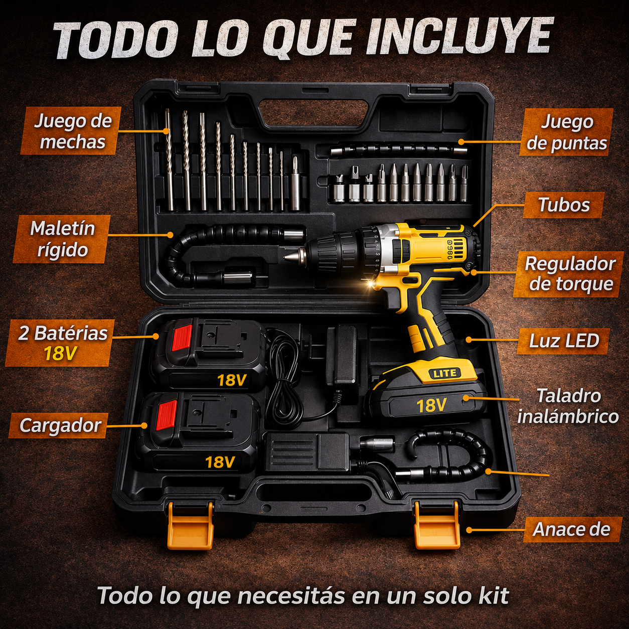 🔥 PROMO - Taladro inalámbrico con kit completo + 1 batería gratis.