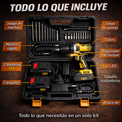 🔥 PROMO - Taladro inalámbrico con kit completo + 1 batería gratis.