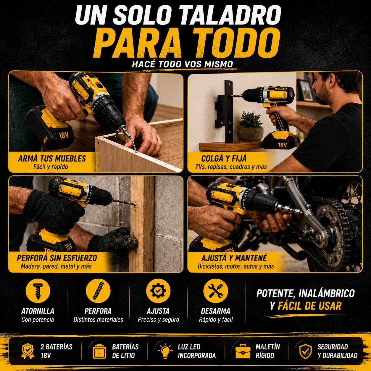 🔥 PROMO - Taladro inalámbrico con kit completo + 1 batería gratis.