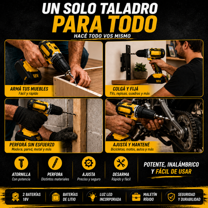 🔥 PROMO - Taladro inalámbrico con kit completo + 1 batería gratis.