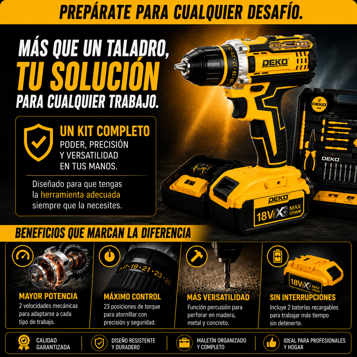 🔥 PROMO - Taladro inalámbrico con kit completo + 1 batería gratis.