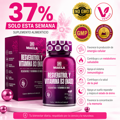 🔥 PROMO - RESVERATROL CON VITAMINA B3 PLUS 60 CÁPSULAS 500mg  | PRECURSOR NAD+ Y COMPLEJO 💊
