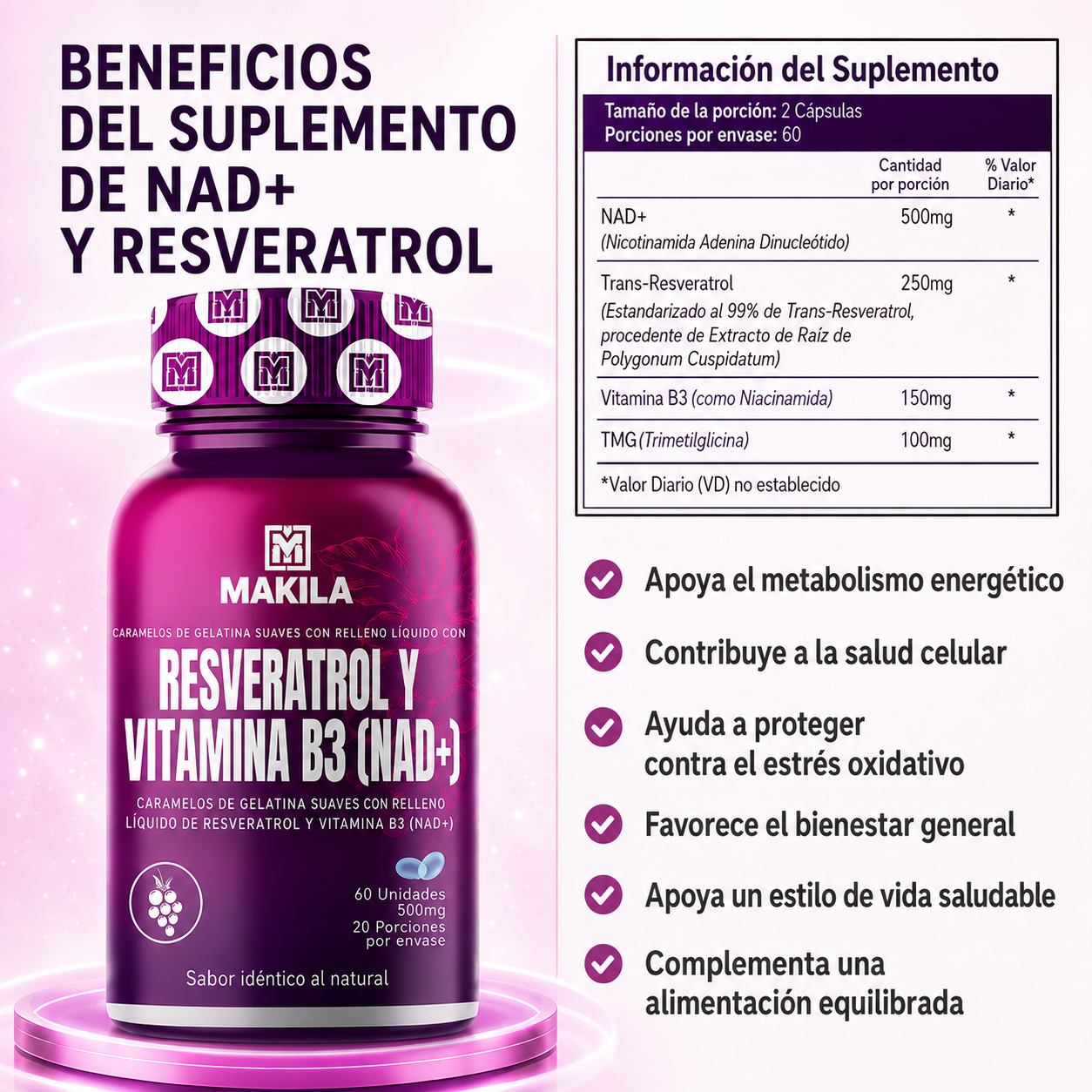 🔥 PROMO - RESVERATROL CON VITAMINA B3 PLUS 60 CÁPSULAS 500mg  | PRECURSOR NAD+ Y COMPLEJO 💊